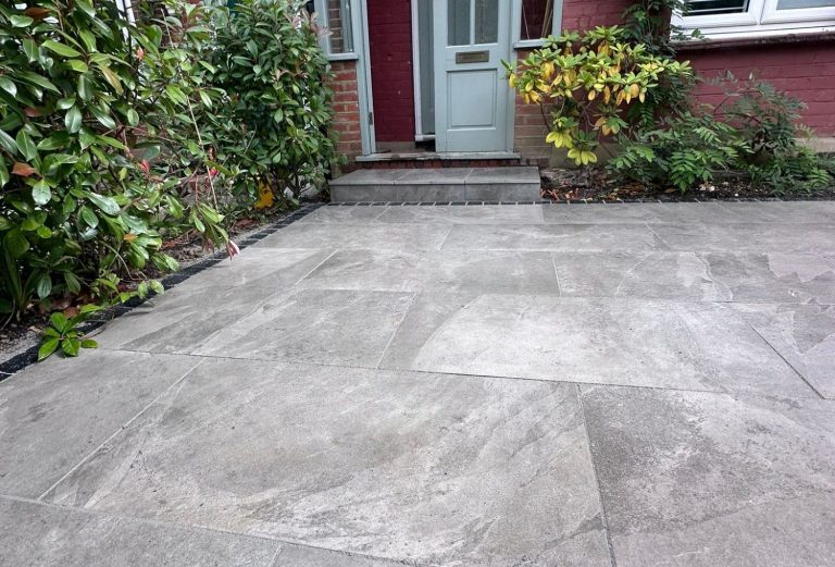 Grey porcelain patio slabs laid outside a Potters Bar home
